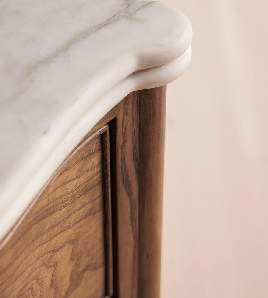 kök kaplama dalgalı çekmeceli şifonyer, mermer tablalı luxury ahşap şifonyer, pirinç kulplu modern klasik chest, özel üretim kök kaplama çekmeceli dolap, dalgalı form tasarım şifonyer