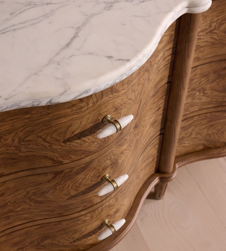 kök kaplama dalgalı çekmeceli şifonyer, mermer tablalı luxury ahşap şifonyer, pirinç kulplu modern klasik chest, özel üretim kök kaplama çekmeceli dolap, dalgalı form tasarım şifonyer