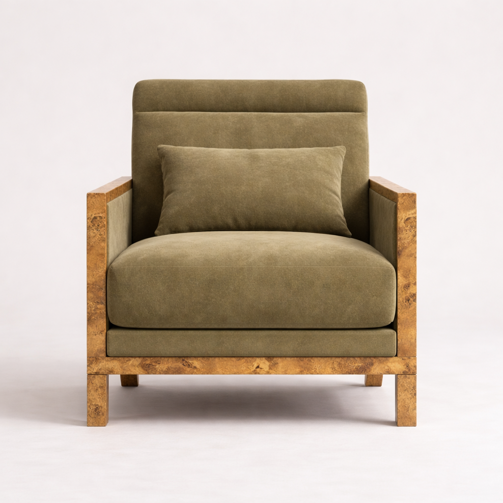 kök kaplama ahşap berjer koltuk, ceviz kök kaplama yan panelli lounge chair, geniş oturumlu modern berjer koltuk, özel üretim kaplama ahşap berjer, doğal kaplama gövdeli tasarım koltuk