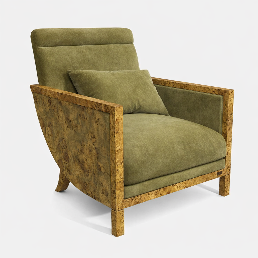 kök kaplama ahşap berjer koltuk, ceviz kök kaplama yan panelli lounge chair, geniş oturumlu modern berjer koltuk, özel üretim kaplama ahşap berjer, doğal kaplama gövdeli tasarım koltuk