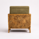 kök kaplama ahşap berjer koltuk, ceviz kök kaplama yan panelli lounge chair, geniş oturumlu modern berjer koltuk, özel üretim kaplama ahşap berjer, doğal kaplama gövdeli tasarım koltuk