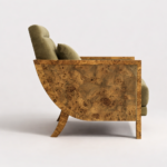 kök kaplama ahşap berjer koltuk, ceviz kök kaplama yan panelli lounge chair, geniş oturumlu modern berjer koltuk, özel üretim kaplama ahşap berjer, doğal kaplama gövdeli tasarım koltuk