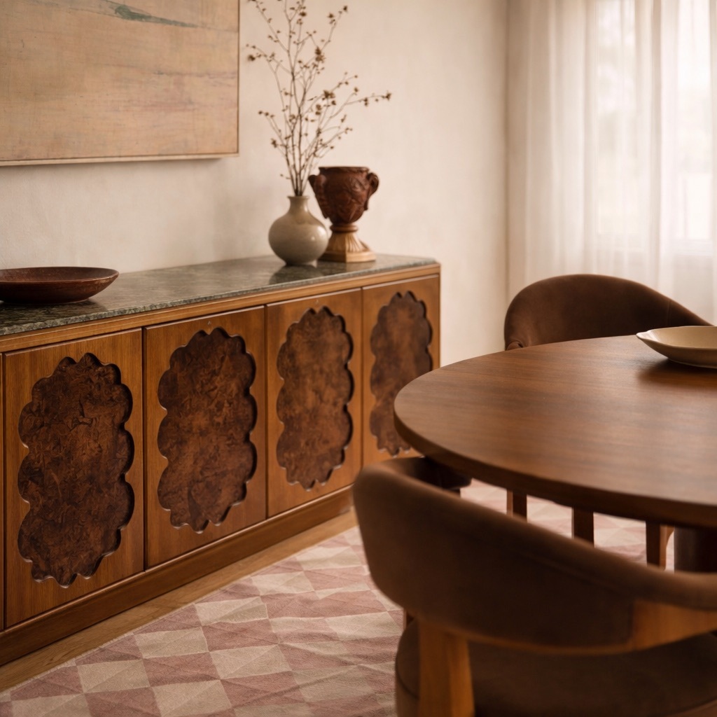 yuvarlak masif ahşap yemek masası, pirinç detaylı merkezi ayak masa, silindirik gövdeli modern dining table, özel üretim yuvarlak tasarım masa, ahşap pirinç kombinasyonlu luxury masa