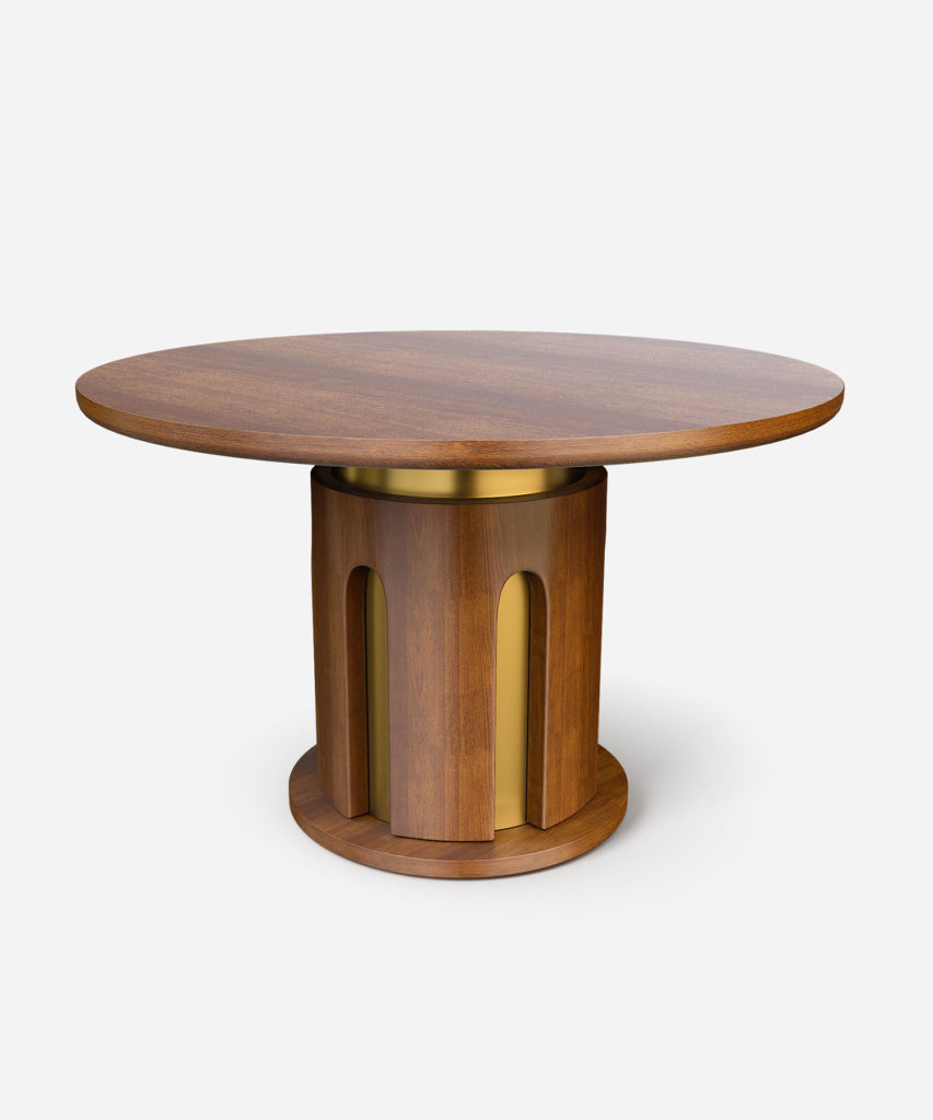 yuvarlak masif ahşap yemek masası, pirinç detaylı merkezi ayak masa, silindirik gövdeli modern dining table, özel üretim yuvarlak tasarım masa, ahşap pirinç kombinasyonlu luxury masa