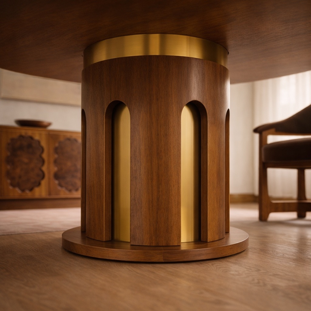 yuvarlak masif ahşap yemek masası, pirinç detaylı merkezi ayak masa, silindirik gövdeli modern dining table, özel üretim yuvarlak tasarım masa, ahşap pirinç kombinasyonlu luxury masa