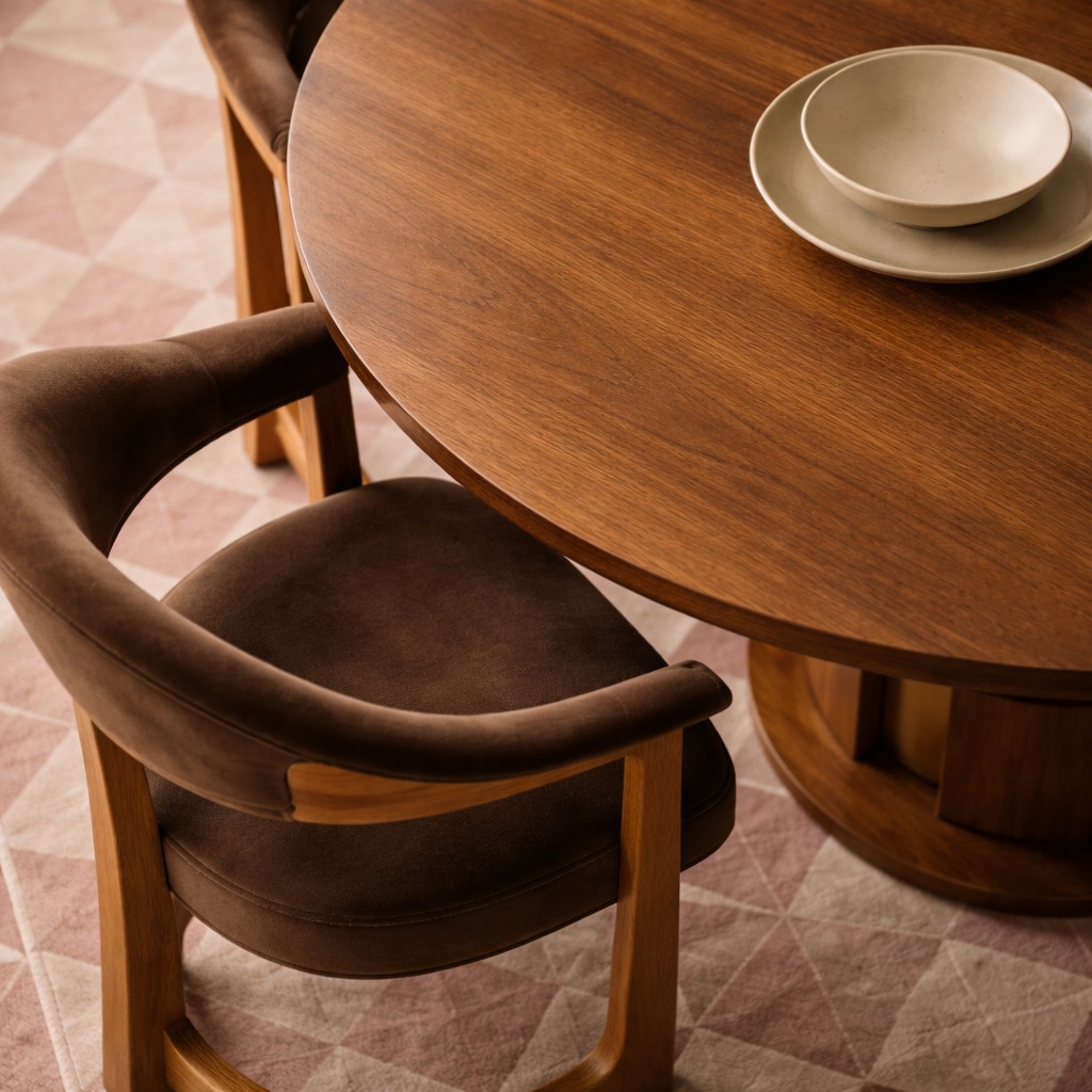 yuvarlak masif ahşap yemek masası, pirinç detaylı merkezi ayak masa, silindirik gövdeli modern dining table, özel üretim yuvarlak tasarım masa, ahşap pirinç kombinasyonlu luxury masa