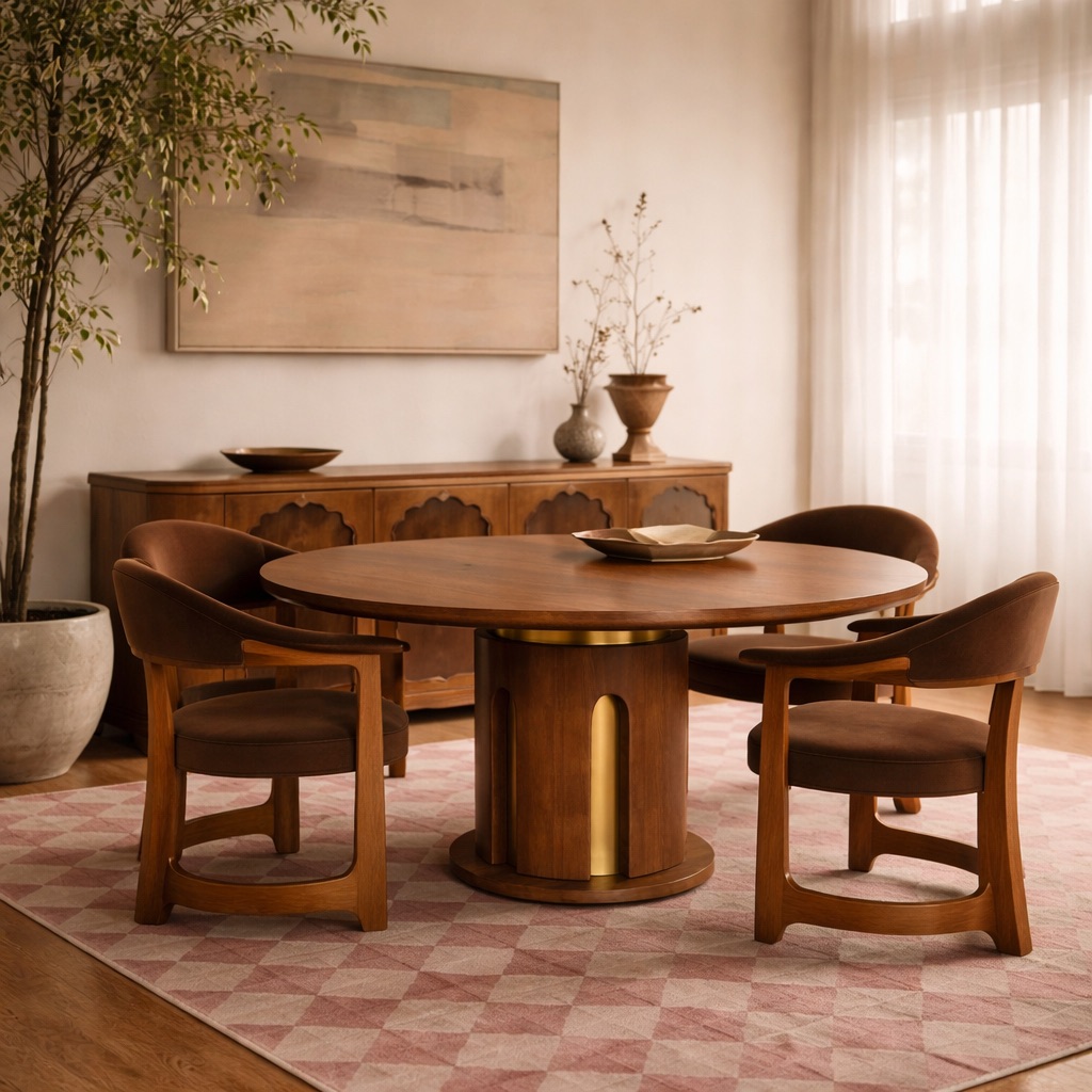 yuvarlak masif ahşap yemek masası, pirinç detaylı merkezi ayak masa, silindirik gövdeli modern dining table, özel üretim yuvarlak tasarım masa, ahşap pirinç kombinasyonlu luxury masa