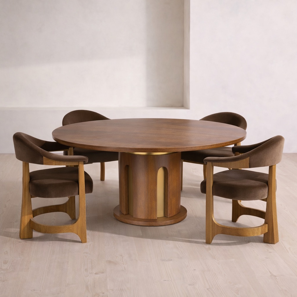 yuvarlak masif ahşap yemek masası, pirinç detaylı merkezi ayak masa, silindirik gövdeli modern dining table, özel üretim yuvarlak tasarım masa, ahşap pirinç kombinasyonlu luxury masa