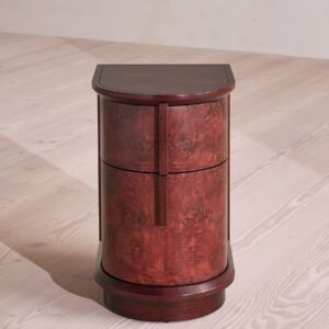 silindirik kök kaplama komodin, gizli kulplu modern bedside table, kök kaplama ahşap silindir komodin, özel üretim heykelsi yatak yanı dolabı, modern minimal ahşap komodin