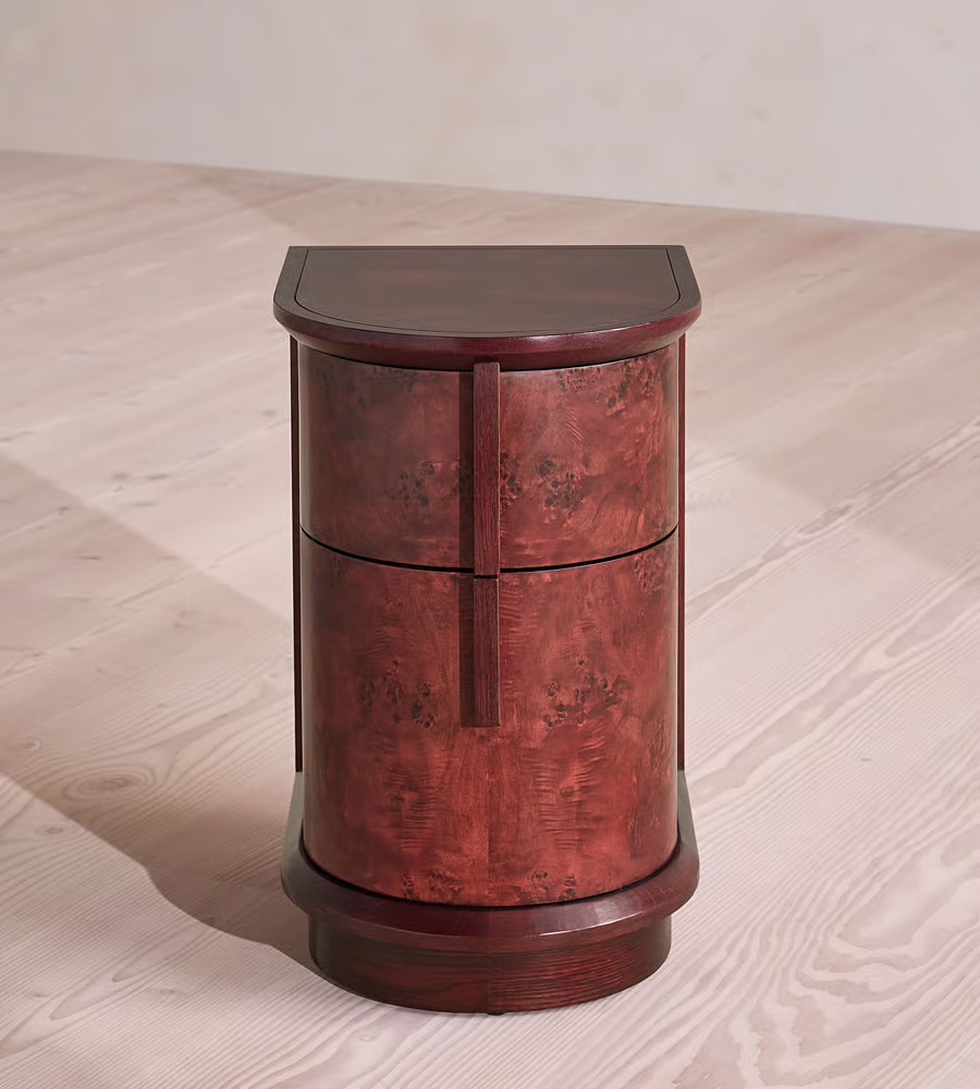 silindirik kök kaplama komodin, gizli kulplu modern bedside table, kök kaplama ahşap silindir komodin, özel üretim heykelsi yatak yanı dolabı, modern minimal ahşap komodin