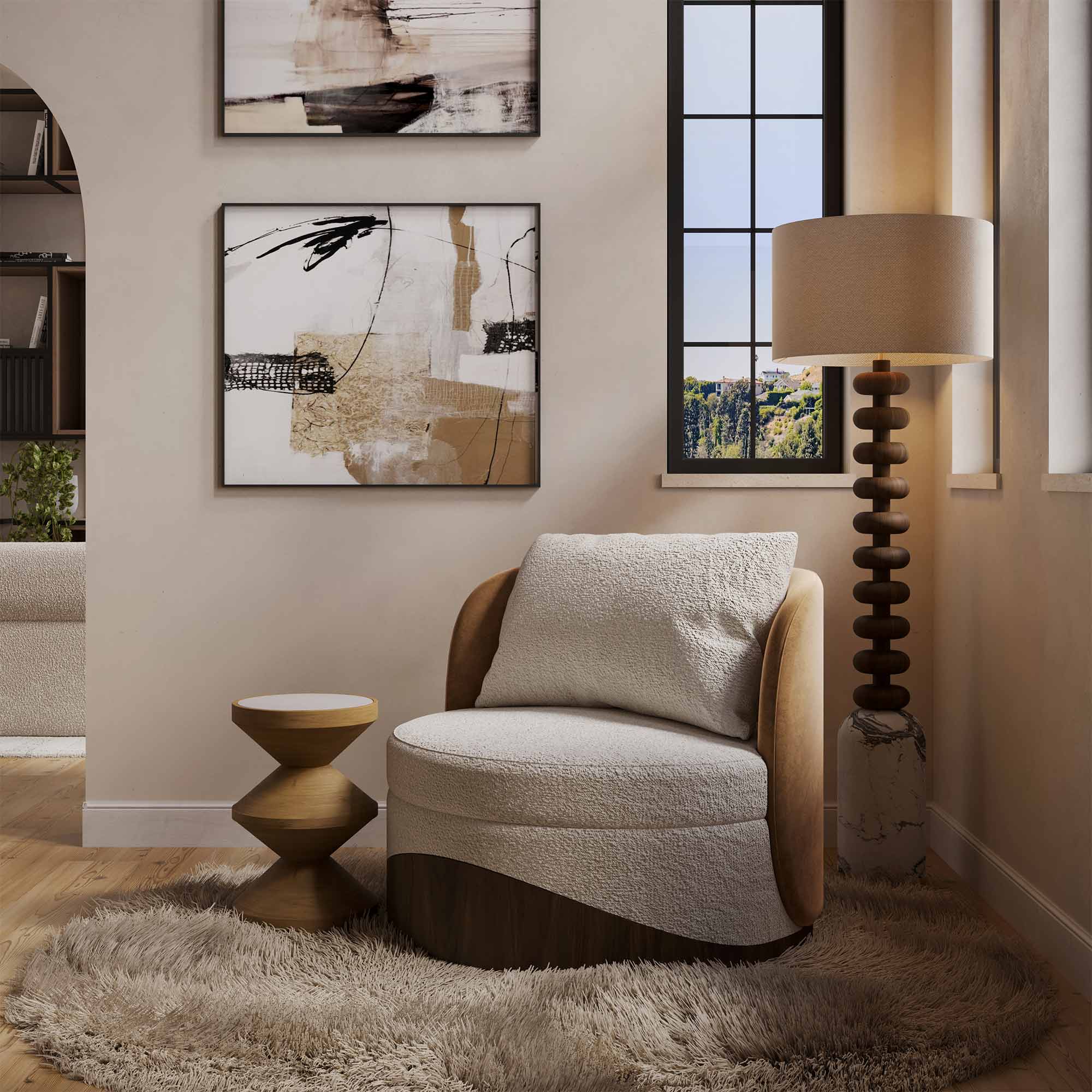 özel üretim koltuk, özel ölçü bouclé koltuk, organik form tekli koltuk, ahşap kaideli modern koltuk, ısmarlama lounge koltuk