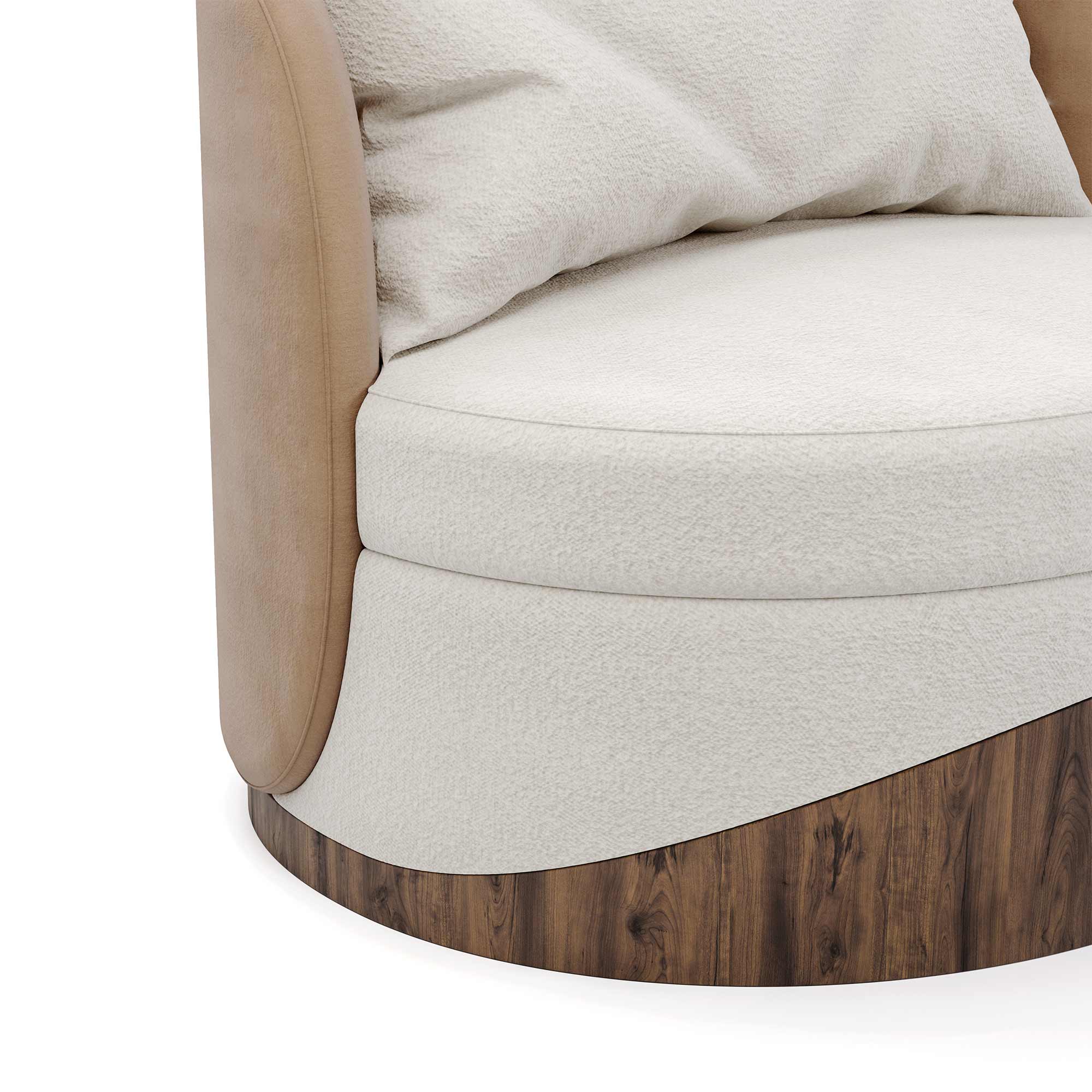 özel üretim koltuk, özel ölçü bouclé koltuk, organik form tekli koltuk, ahşap kaideli modern koltuk, ısmarlama lounge koltuk