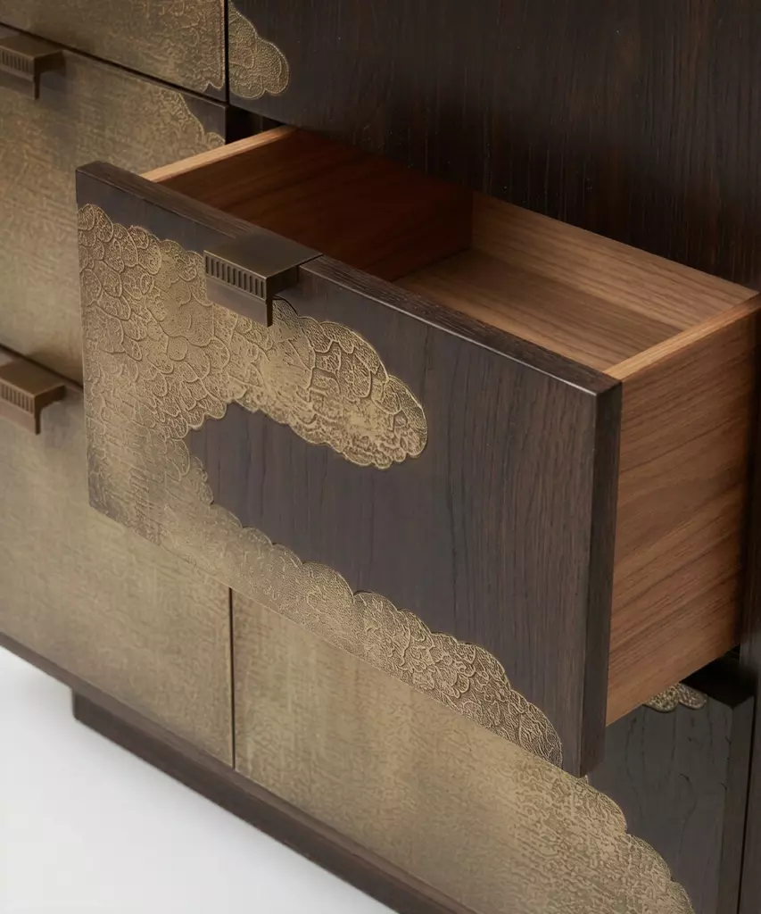 altın suyu el boyaması dresuar koyu ahşap özel üretim, dekoratif yüzey konsol özel ölçü sipariş mobilya, ısmarlama mobilya modern lüks dresuar tasarım, katmanlı çekmeceli konsol ahşap el işçiligi detaylı, sanatsal yüzey giriş konsolu koyu ton tasarım