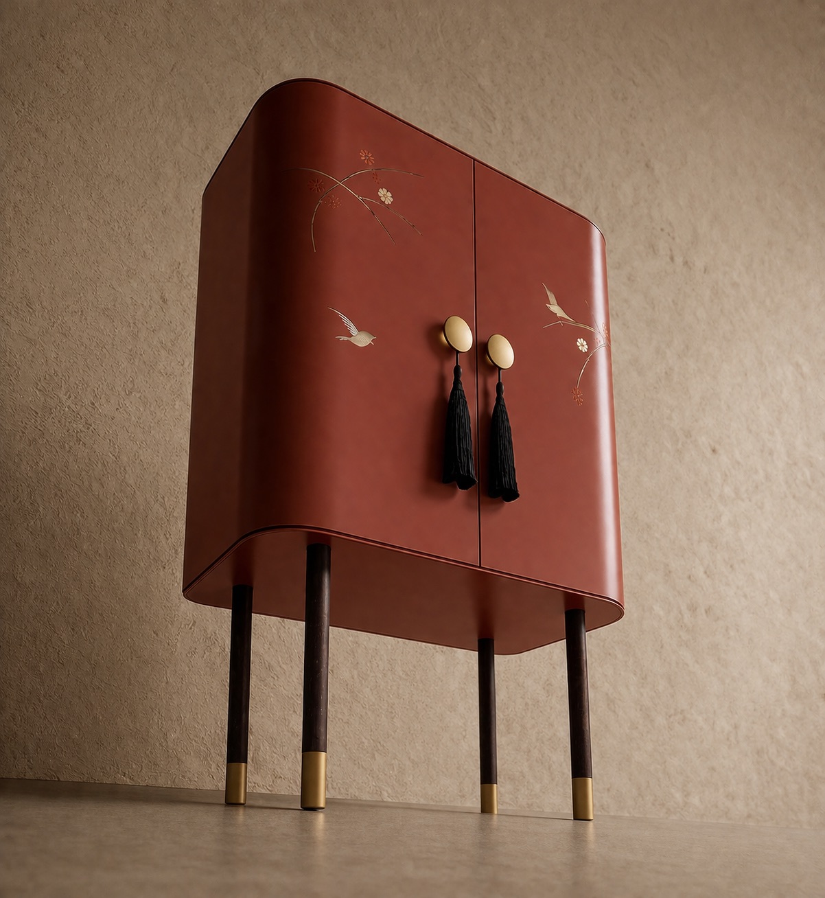 terracotta vitrin dolap özel üretim, özel ölçü sipariş mobilya ısmarlama mobilya el boyama motifli dolap, altın detaylı dekoratif vitrin dolap, oval form lüks depolama ünitesi, tasarım vitrin dolap doğal tonlar