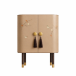 terracotta vitrin dolap özel üretim, özel ölçü sipariş mobilya ısmarlama mobilya el boyama motifli dolap, altın detaylı dekoratif vitrin dolap, oval form lüks depolama ünitesi, tasarım vitrin dolap doğal tonlar