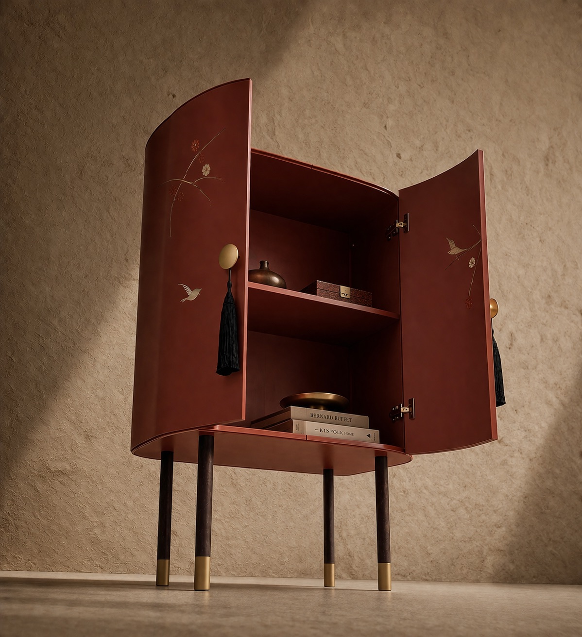 terracotta vitrin dolap özel üretim, özel ölçü sipariş mobilya ısmarlama mobilya el boyama motifli dolap, altın detaylı dekoratif vitrin dolap, oval form lüks depolama ünitesi, tasarım vitrin dolap doğal tonlar