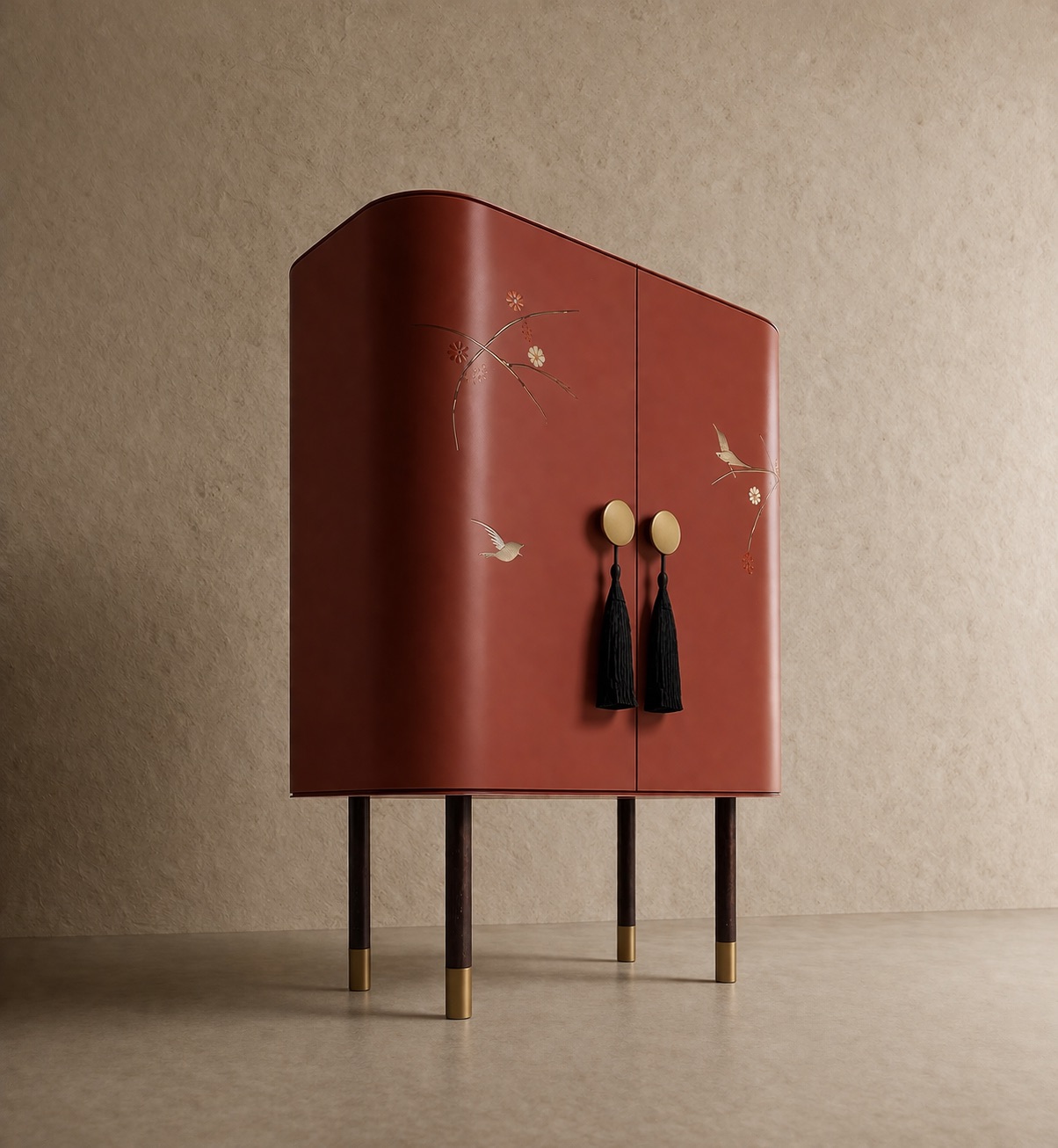 terracotta vitrin dolap özel üretim, özel ölçü sipariş mobilya ısmarlama mobilya el boyama motifli dolap, altın detaylı dekoratif vitrin dolap, oval form lüks depolama ünitesi, tasarım vitrin dolap doğal tonlar