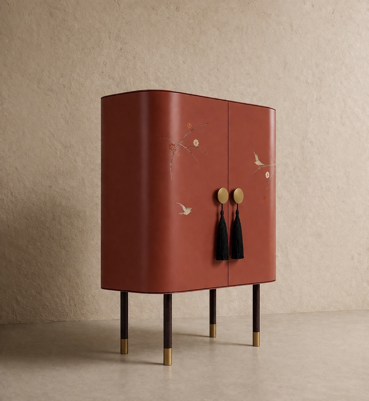 terracotta vitrin dolap özel üretim, özel ölçü sipariş mobilya ısmarlama mobilya el boyama motifli dolap, altın detaylı dekoratif vitrin dolap, oval form lüks depolama ünitesi, tasarım vitrin dolap doğal tonlar