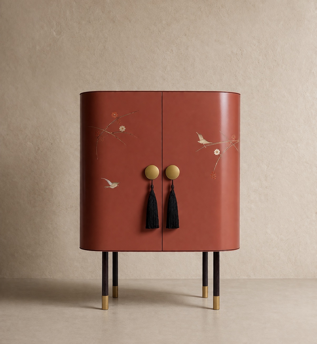 terracotta vitrin dolap özel üretim, özel ölçü sipariş mobilya ısmarlama mobilya el boyama motifli dolap, altın detaylı dekoratif vitrin dolap, oval form lüks depolama ünitesi, tasarım vitrin dolap doğal tonlar