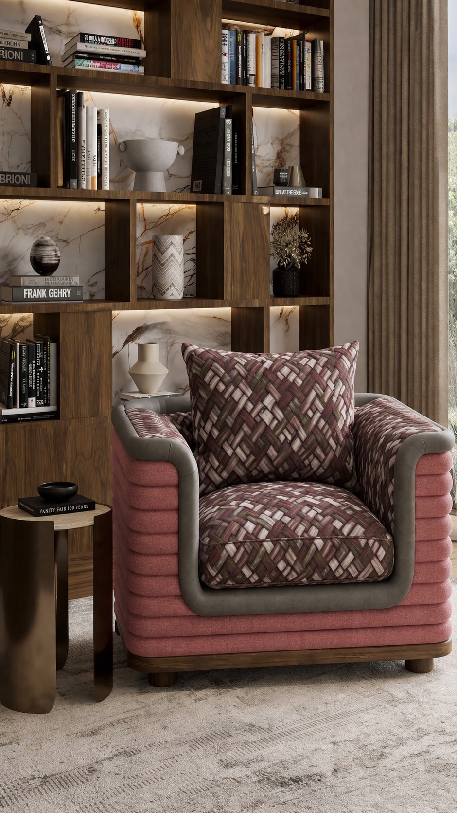 katmanlı döşemeli koltuk özel üretim, kontrast deri detaylı koltuk özel ölçü sipariş mobilya, ısmarlama mobilya modern lounge koltuk tasarım, desenli kumaşlı koltuk lüks interior, geniş oturum konfor koltuk modern tasarım