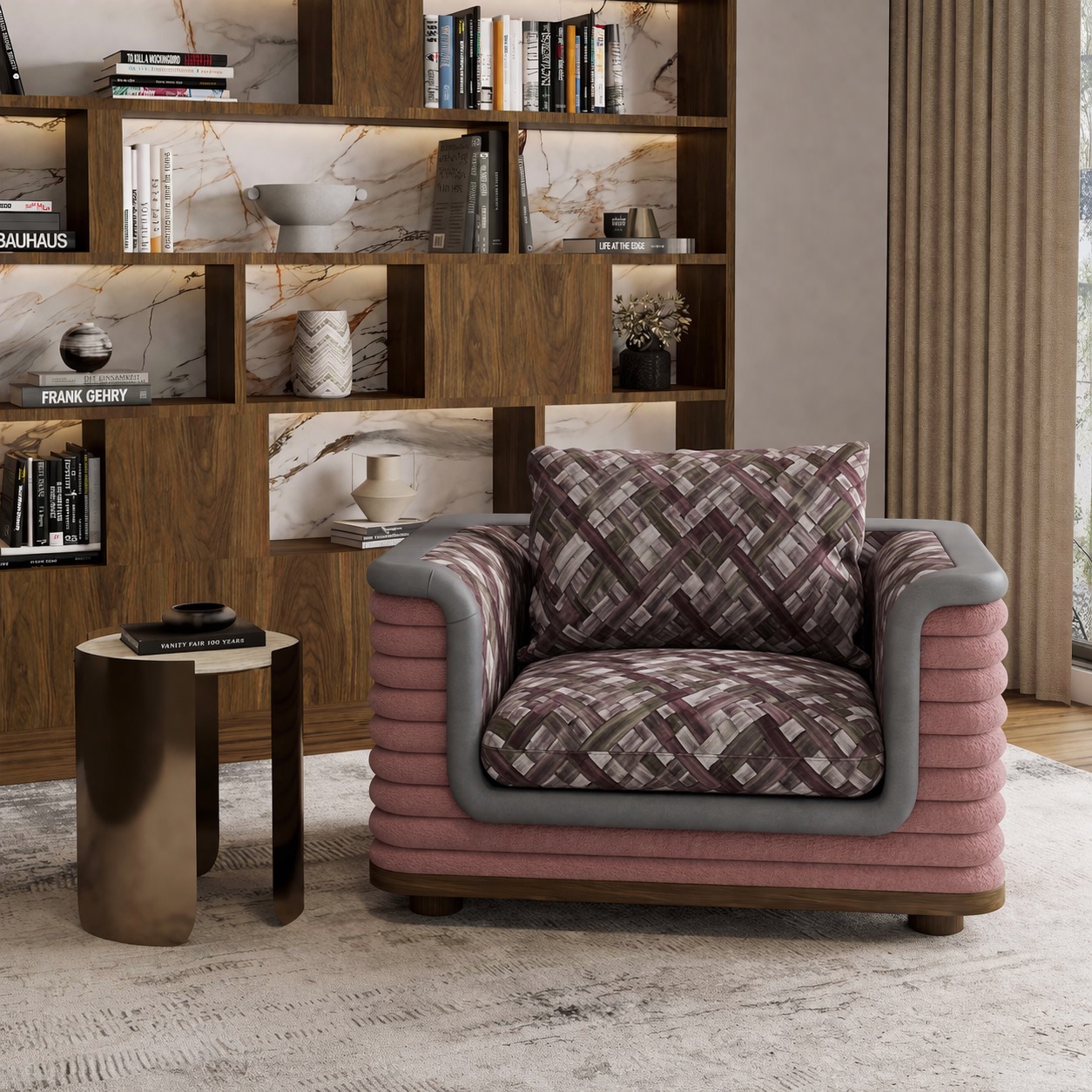 katmanlı döşemeli koltuk özel üretim, kontrast deri detaylı koltuk özel ölçü sipariş mobilya, ısmarlama mobilya modern lounge koltuk tasarım, desenli kumaşlı koltuk lüks interior, geniş oturum konfor koltuk modern tasarım