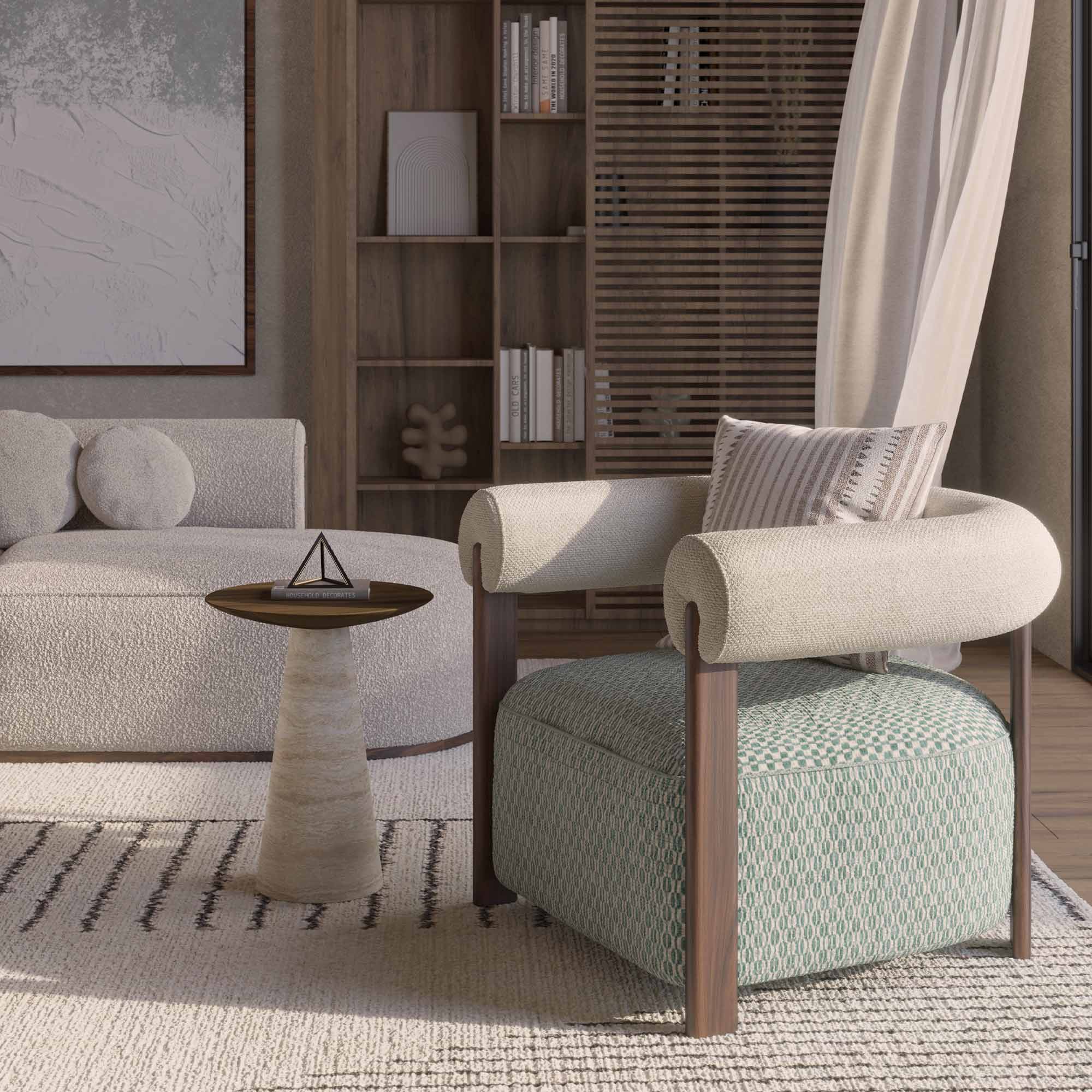 oval form modern koltuk, boucle kumaş lounge koltuk, özel üretim heykelsi koltuk, sipariş mobilya modern koltuk, ısmarlama tasarım koltuk