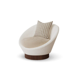 oval form koltuk özel üretim, özel ölçü sipariş mobilya ısmarlama mobilya boucle kumaş koltuk tasarım, modern lüks oturma koltuğu, ahşap bazalı tasarım koltuk, minimal heykelsi koltuk