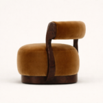 kadife dokulu yuvarlak koltuk, ahşap kollu heykelsi berjer, organik form modern koltuk, özel ölçü sipariş koltuk, ısmarlama mobilya özel üretim koltuk