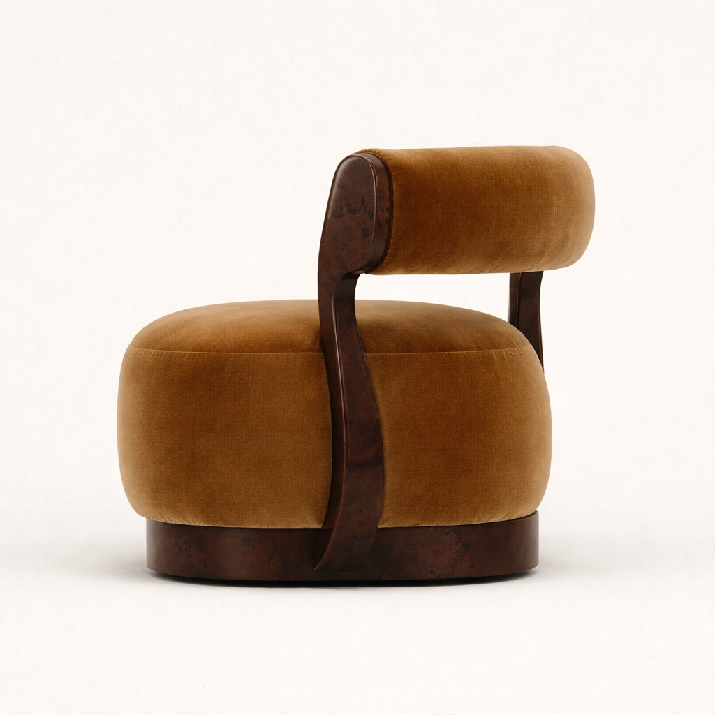 kadife dokulu yuvarlak koltuk, ahşap kollu heykelsi berjer, organik form modern koltuk, özel ölçü sipariş koltuk, ısmarlama mobilya özel üretim koltuk