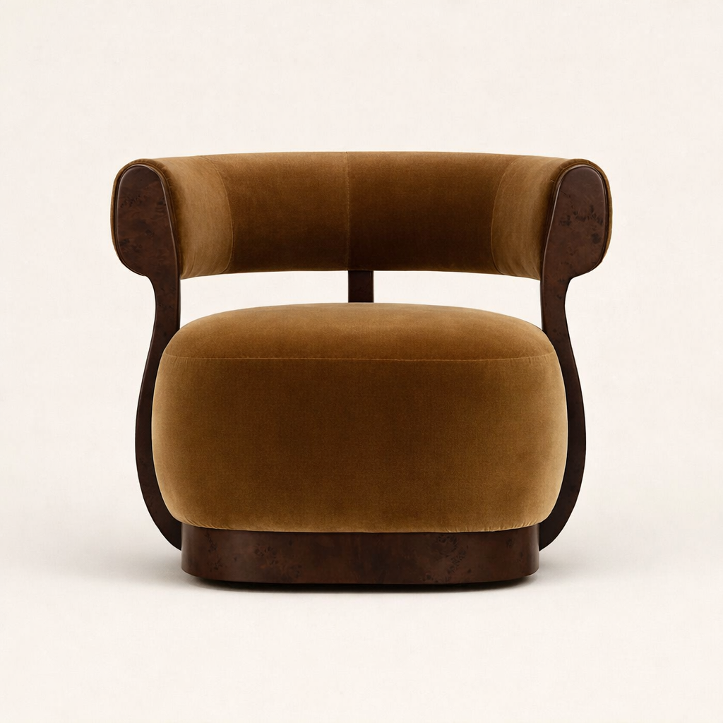 kadife dokulu yuvarlak koltuk, ahşap kollu heykelsi berjer, organik form modern koltuk, özel ölçü sipariş koltuk, ısmarlama mobilya özel üretim koltuk