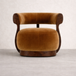 kadife dokulu yuvarlak koltuk, ahşap kollu heykelsi berjer, organik form modern koltuk, özel ölçü sipariş koltuk, ısmarlama mobilya özel üretim koltuk