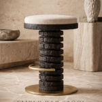 yanmış ahşap bar taburesi özel üretim, özel ölçü sipariş mobilya ısmarlama mobilya heykelsi tabure tasarım, boucle oturumlu bar stool, modern lüks bar taburesi, pirinç detaylı yüksek tabure