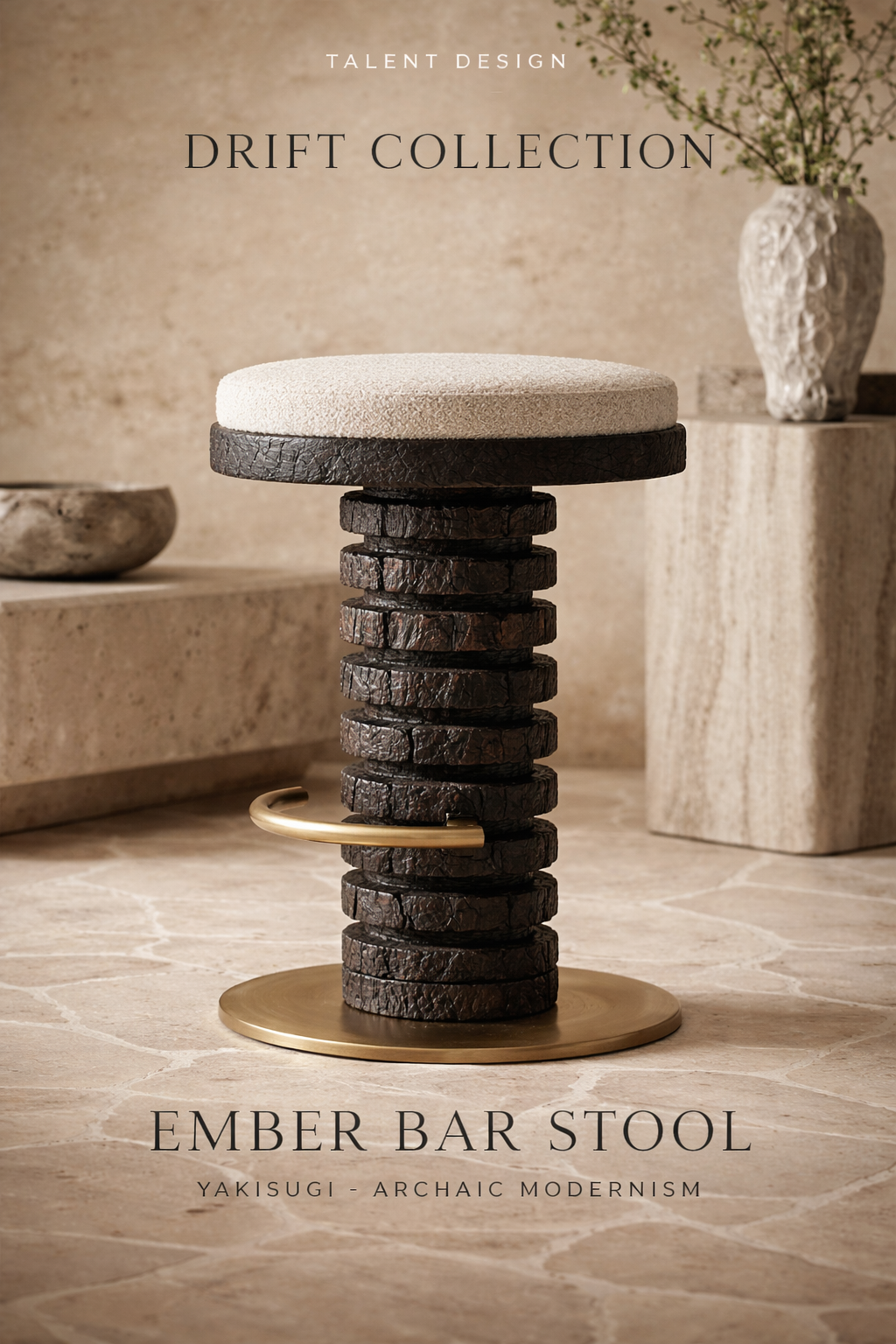 yanmış ahşap bar taburesi özel üretim, özel ölçü sipariş mobilya ısmarlama mobilya heykelsi tabure tasarım, boucle oturumlu bar stool, modern lüks bar taburesi, pirinç detaylı yüksek tabure