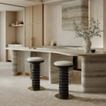 yanmış ahşap bar taburesi özel üretim, özel ölçü sipariş mobilya ısmarlama mobilya heykelsi tabure tasarım, boucle oturumlu bar stool, modern lüks bar taburesi, pirinç detaylı yüksek tabure