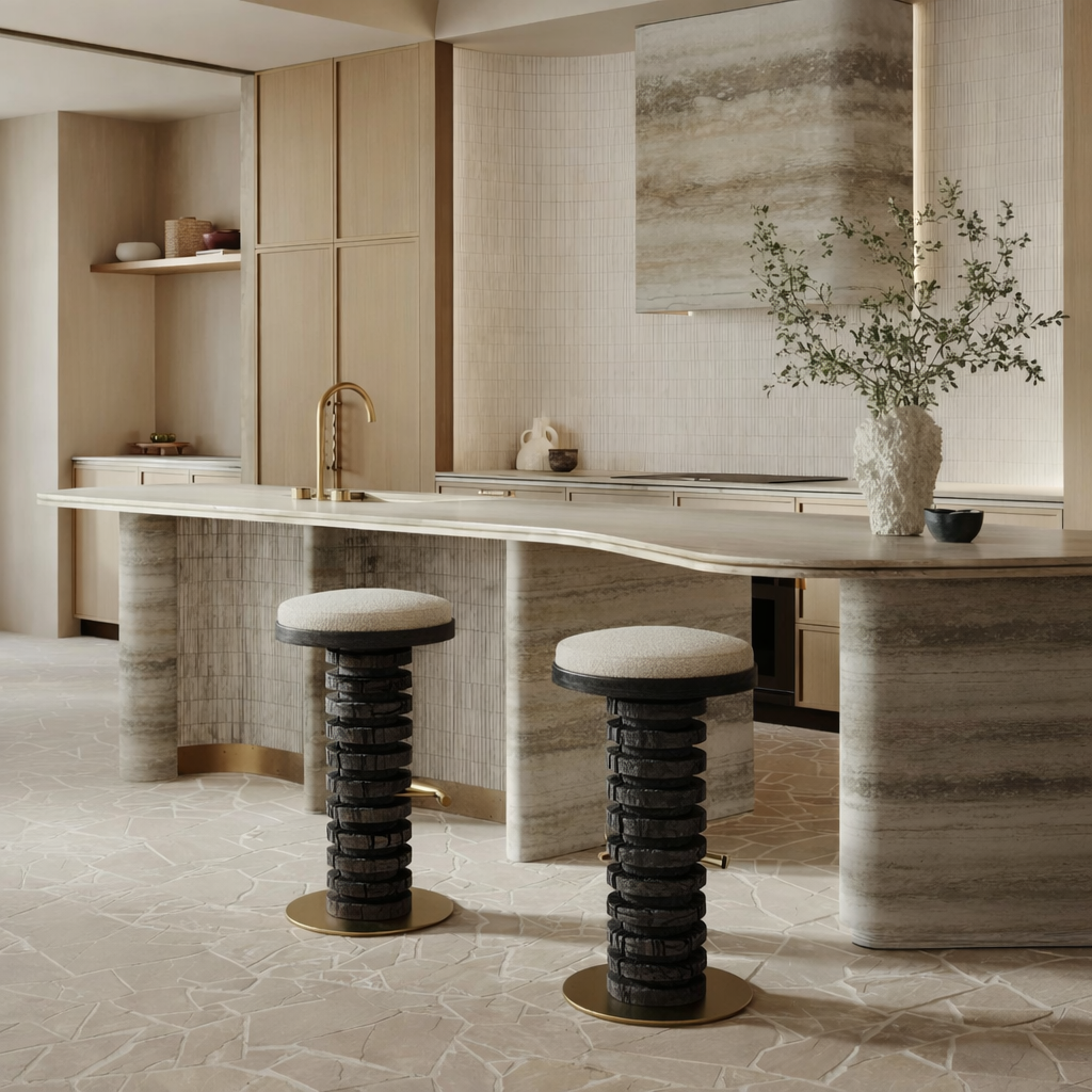 yanmış ahşap bar taburesi özel üretim, özel ölçü sipariş mobilya ısmarlama mobilya heykelsi tabure tasarım, boucle oturumlu bar stool, modern lüks bar taburesi, pirinç detaylı yüksek tabure