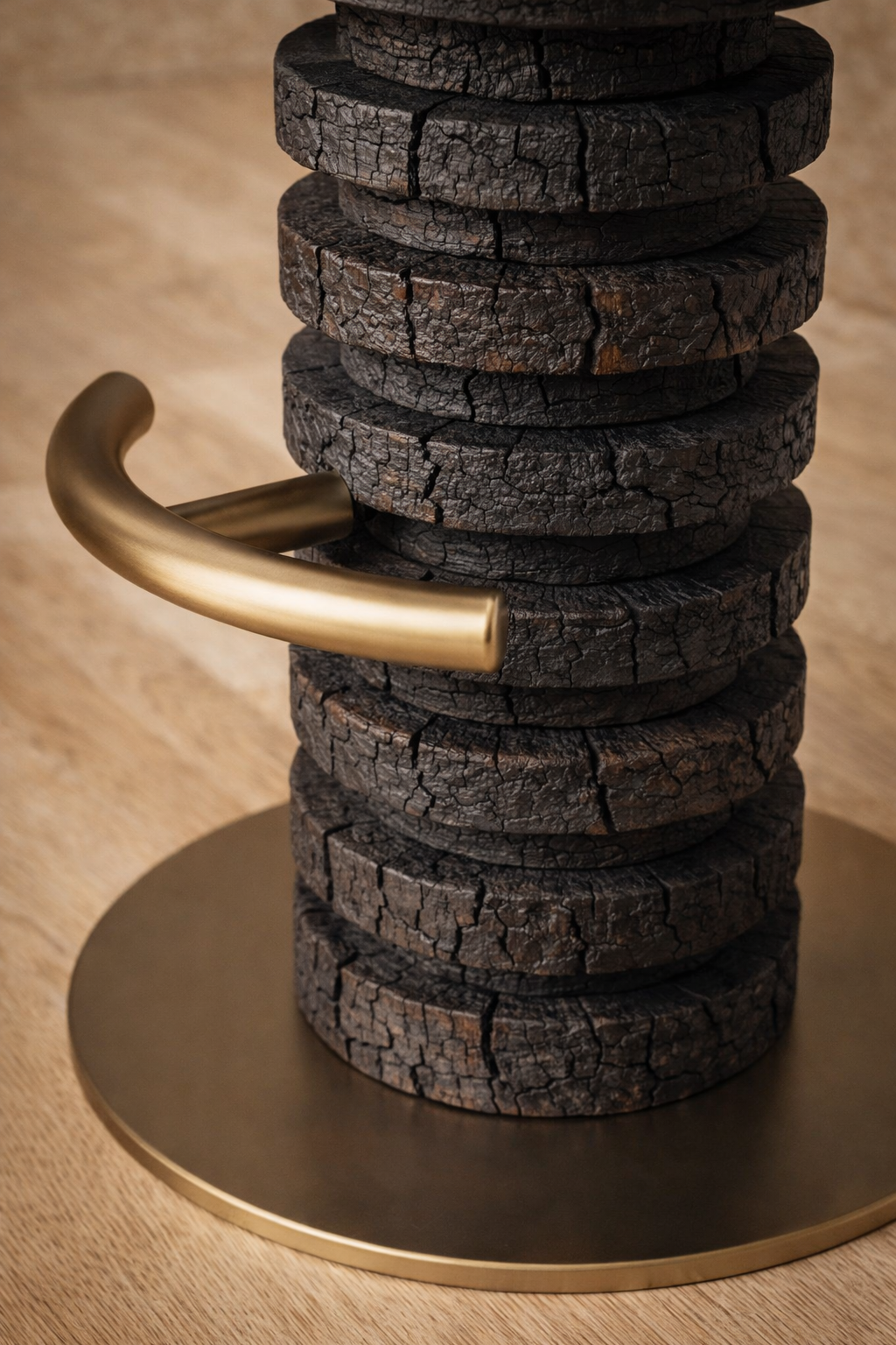 yanmış ahşap bar taburesi özel üretim, özel ölçü sipariş mobilya ısmarlama mobilya heykelsi tabure tasarım, boucle oturumlu bar stool, modern lüks bar taburesi, pirinç detaylı yüksek tabure