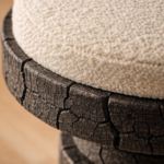 yanmış ahşap bar taburesi özel üretim, özel ölçü sipariş mobilya ısmarlama mobilya heykelsi tabure tasarım, boucle oturumlu bar stool, modern lüks bar taburesi, pirinç detaylı yüksek tabure