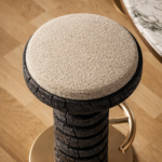 yanmış ahşap bar taburesi özel üretim, özel ölçü sipariş mobilya ısmarlama mobilya heykelsi tabure tasarım, boucle oturumlu bar stool, modern lüks bar taburesi, pirinç detaylı yüksek tabure