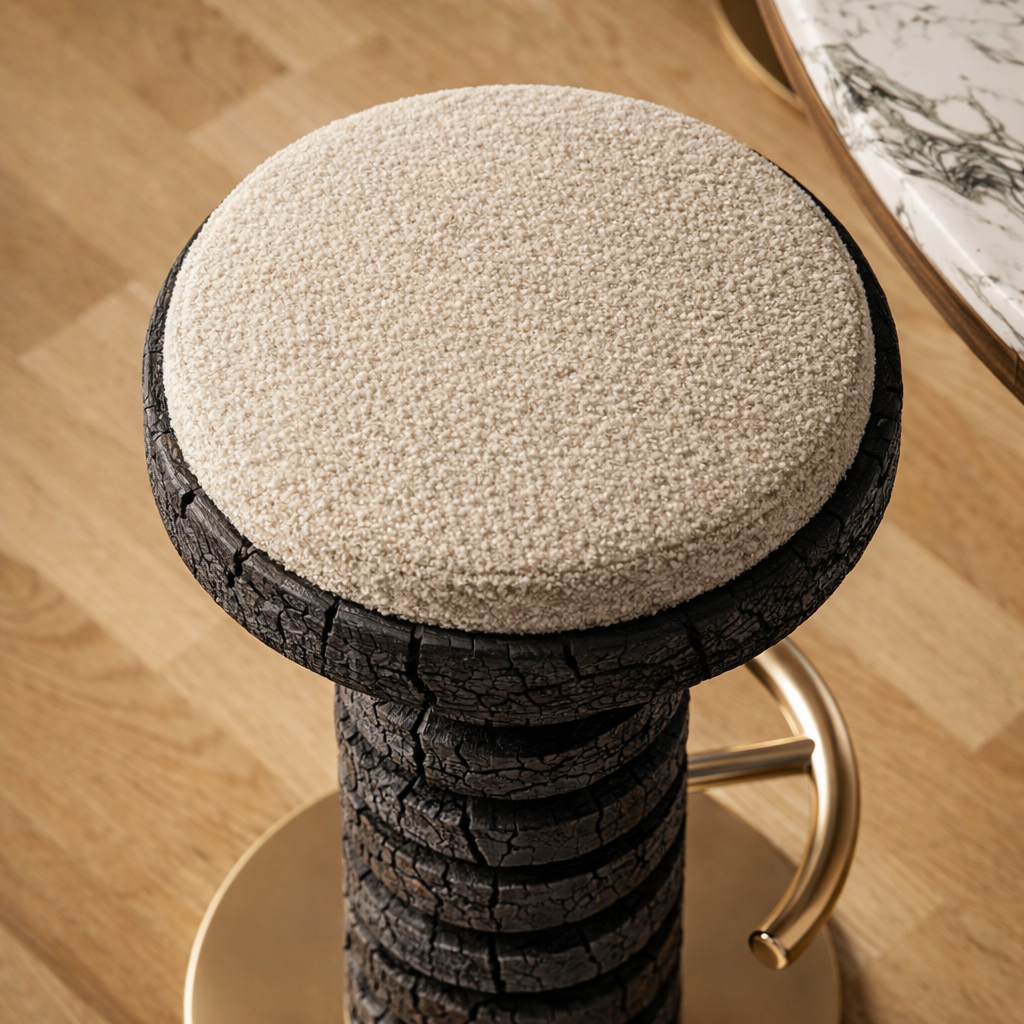 yanmış ahşap bar taburesi özel üretim, özel ölçü sipariş mobilya ısmarlama mobilya heykelsi tabure tasarım, boucle oturumlu bar stool, modern lüks bar taburesi, pirinç detaylı yüksek tabure