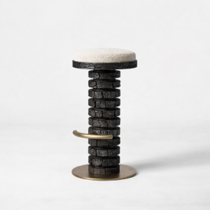 yanmış ahşap bar taburesi özel üretim, özel ölçü sipariş mobilya ısmarlama mobilya heykelsi tabure tasarım, boucle oturumlu bar stool, modern lüks bar taburesi, pirinç detaylı yüksek tabure