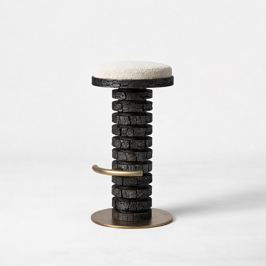 yanmış ahşap bar taburesi özel üretim, özel ölçü sipariş mobilya ısmarlama mobilya heykelsi tabure tasarım, boucle oturumlu bar stool, modern lüks bar taburesi, pirinç detaylı yüksek tabure