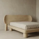 masif ahşap minimal karyola özel üretim, özel ölçü sipariş mobilya ısmarlama mobilya japandi yatak tasarımı, yuvarlatılmış form platform karyola modern, doğal ahşap yatak sade tasarım, düşük profil lüks karyola minimalist stil