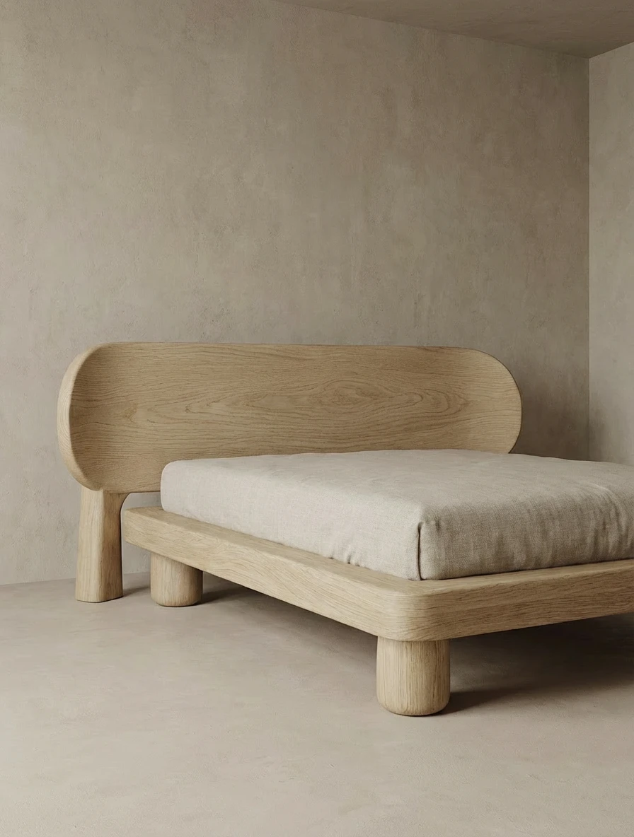 masif ahşap minimal karyola özel üretim, özel ölçü sipariş mobilya ısmarlama mobilya japandi yatak tasarımı, yuvarlatılmış form platform karyola modern, doğal ahşap yatak sade tasarım, düşük profil lüks karyola minimalist stil