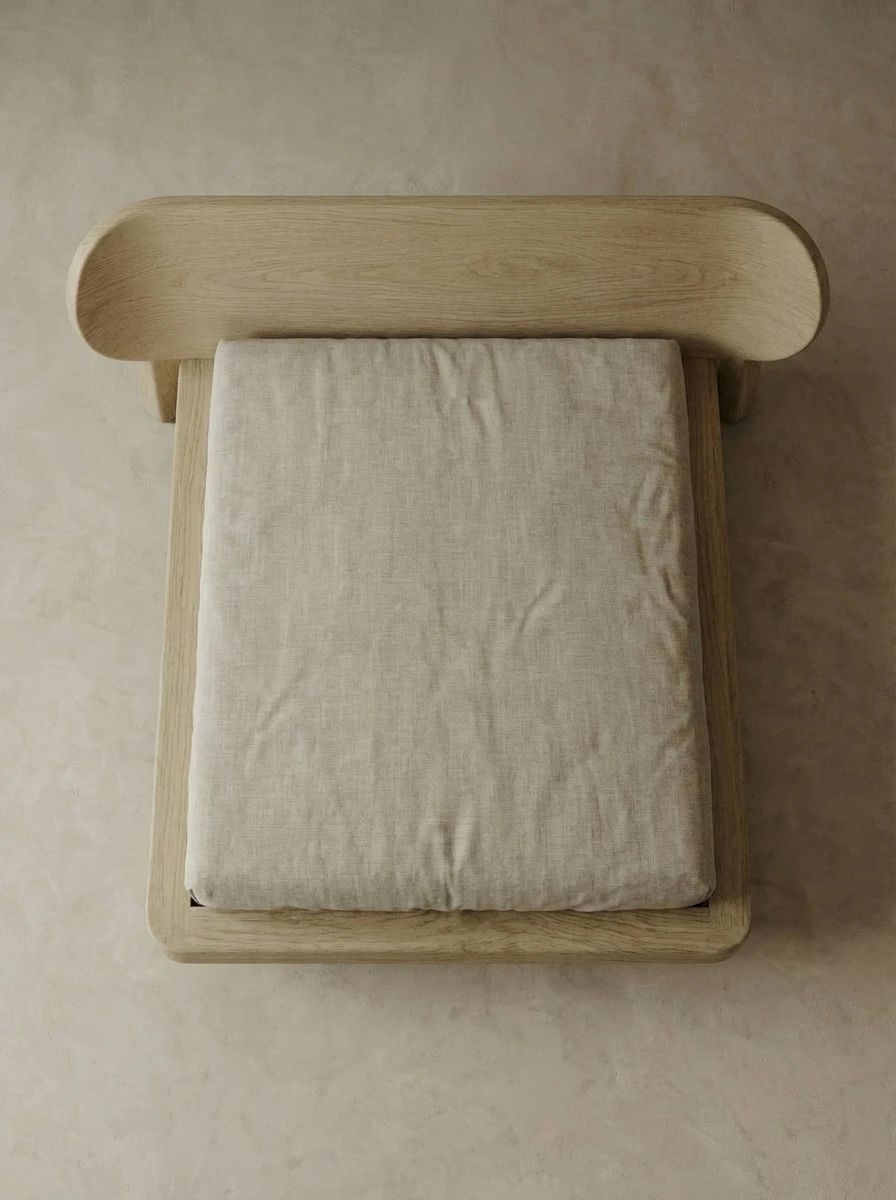 masif ahşap minimal karyola özel üretim, özel ölçü sipariş mobilya ısmarlama mobilya japandi yatak tasarımı, yuvarlatılmış form platform karyola modern, doğal ahşap yatak sade tasarım, düşük profil lüks karyola minimalist stil