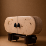 el boyama desenli büfe, oval form modern konsol, özel üretim sanatsal büfe, sipariş mobilya dekoratif dolap, ısmarlama ahşap büfe