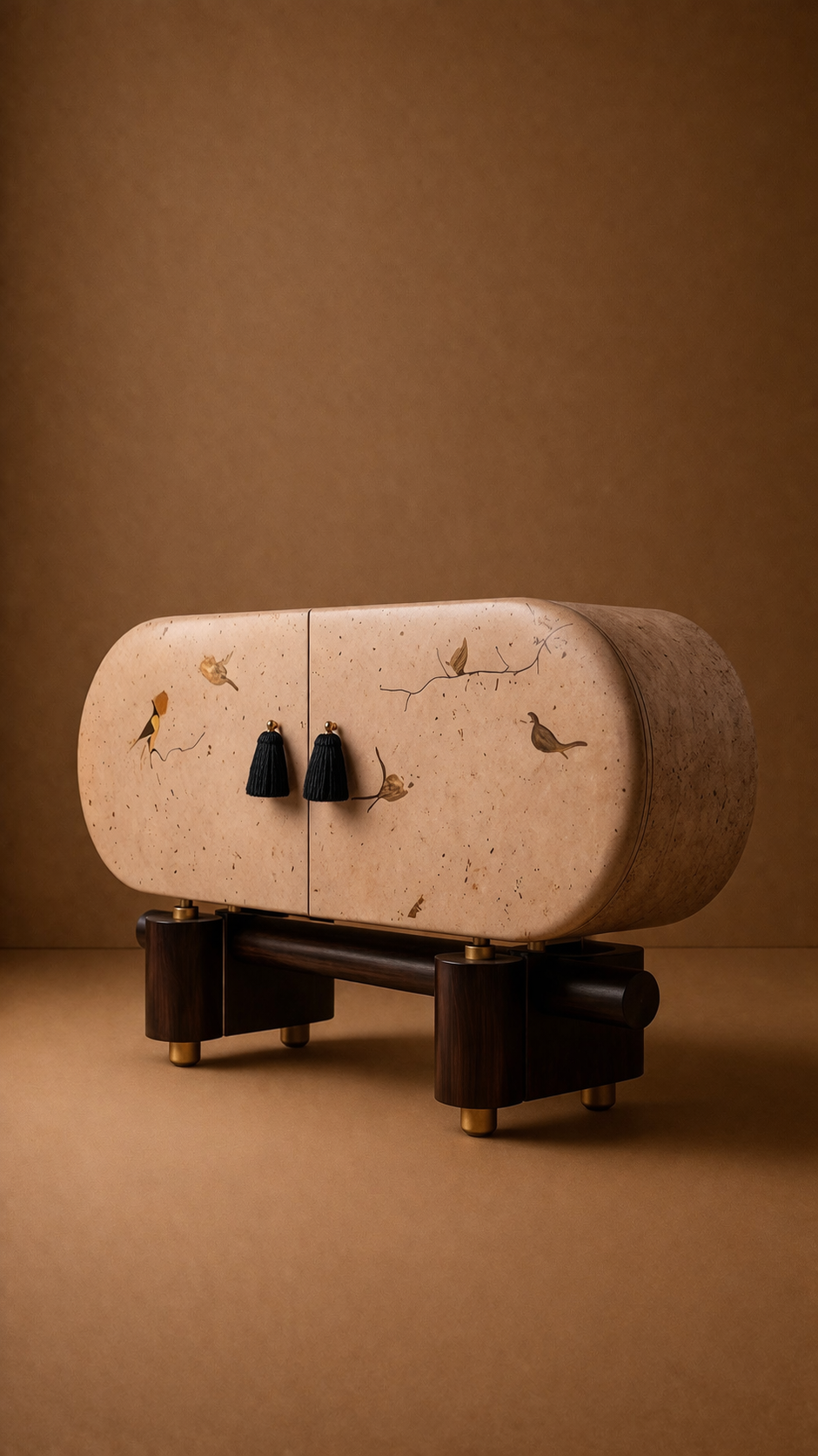 el boyama desenli büfe, oval form modern konsol, özel üretim sanatsal büfe, sipariş mobilya dekoratif dolap, ısmarlama ahşap büfe