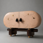 el boyama desenli büfe, oval form modern konsol, özel üretim sanatsal büfe, sipariş mobilya dekoratif dolap, ısmarlama ahşap büfe