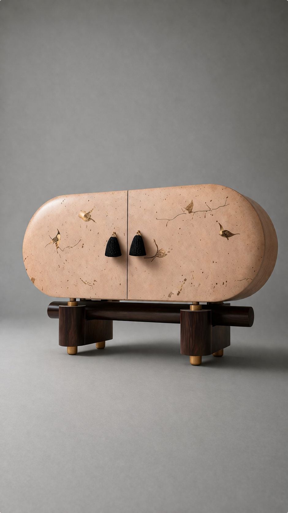 el boyama desenli büfe, oval form modern konsol, özel üretim sanatsal büfe, sipariş mobilya dekoratif dolap, ısmarlama ahşap büfe