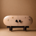 el boyama desenli büfe, oval form modern konsol, özel üretim sanatsal büfe, sipariş mobilya dekoratif dolap, ısmarlama ahşap büfe