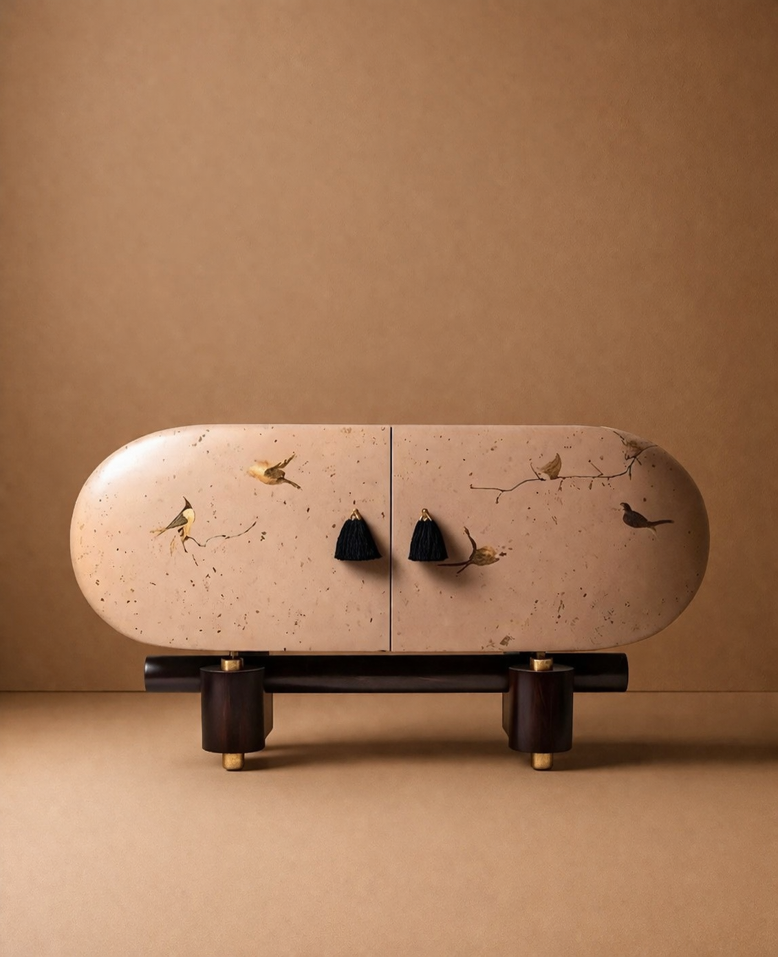 el boyama desenli büfe, oval form modern konsol, özel üretim sanatsal büfe, sipariş mobilya dekoratif dolap, ısmarlama ahşap büfe